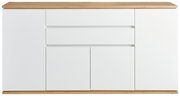 Frontale Ansicht des XORA Sideboards YAMAEL mit weißer Oberfläche und Holzdetails.