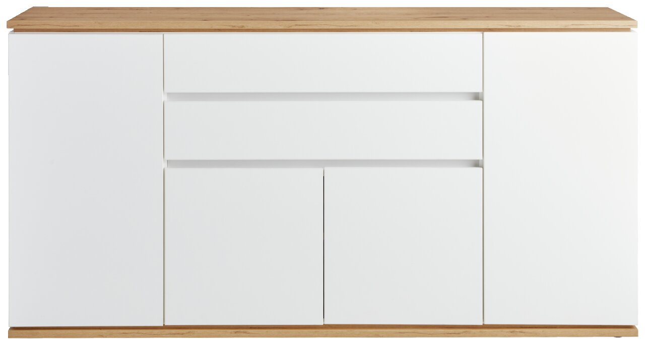 Vooraanzicht van het XORA-dressoir YAMAEL met een wit oppervlak en houten details.