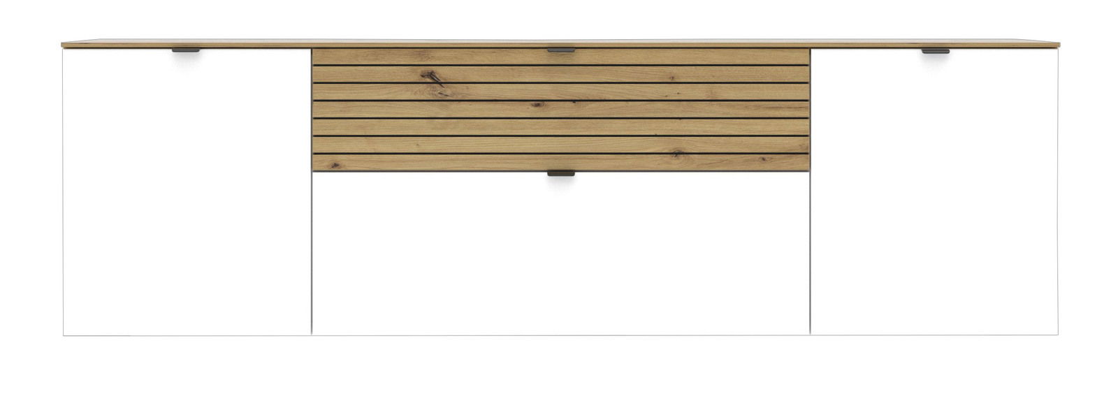 Frontansicht eines modernen TV-Lowboards mit weißem Korpus und einer mittleren Schublade aus Holz mit horizontalen Streifen.