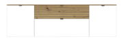 Frontansicht eines modernen TV-Lowboards mit weißem Korpus und einer mittleren Schublade aus Holz mit horizontalen Streifen.