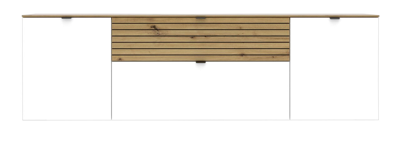 Frontansicht eines modernen TV-Lowboards mit weißem Korpus und einer mittleren Schublade aus Holz mit horizontalen Streifen.