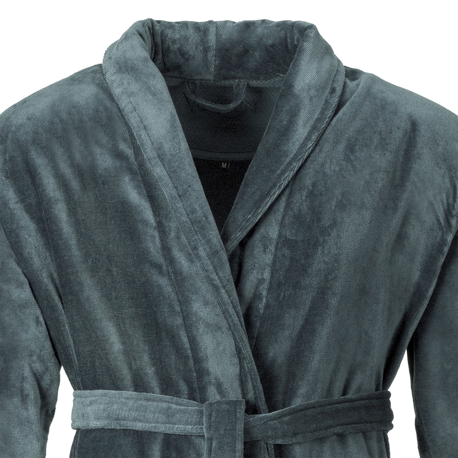 Grauer Bademantel in Vorderansicht mit Schalkragen und Gürtel, Größe L/XL