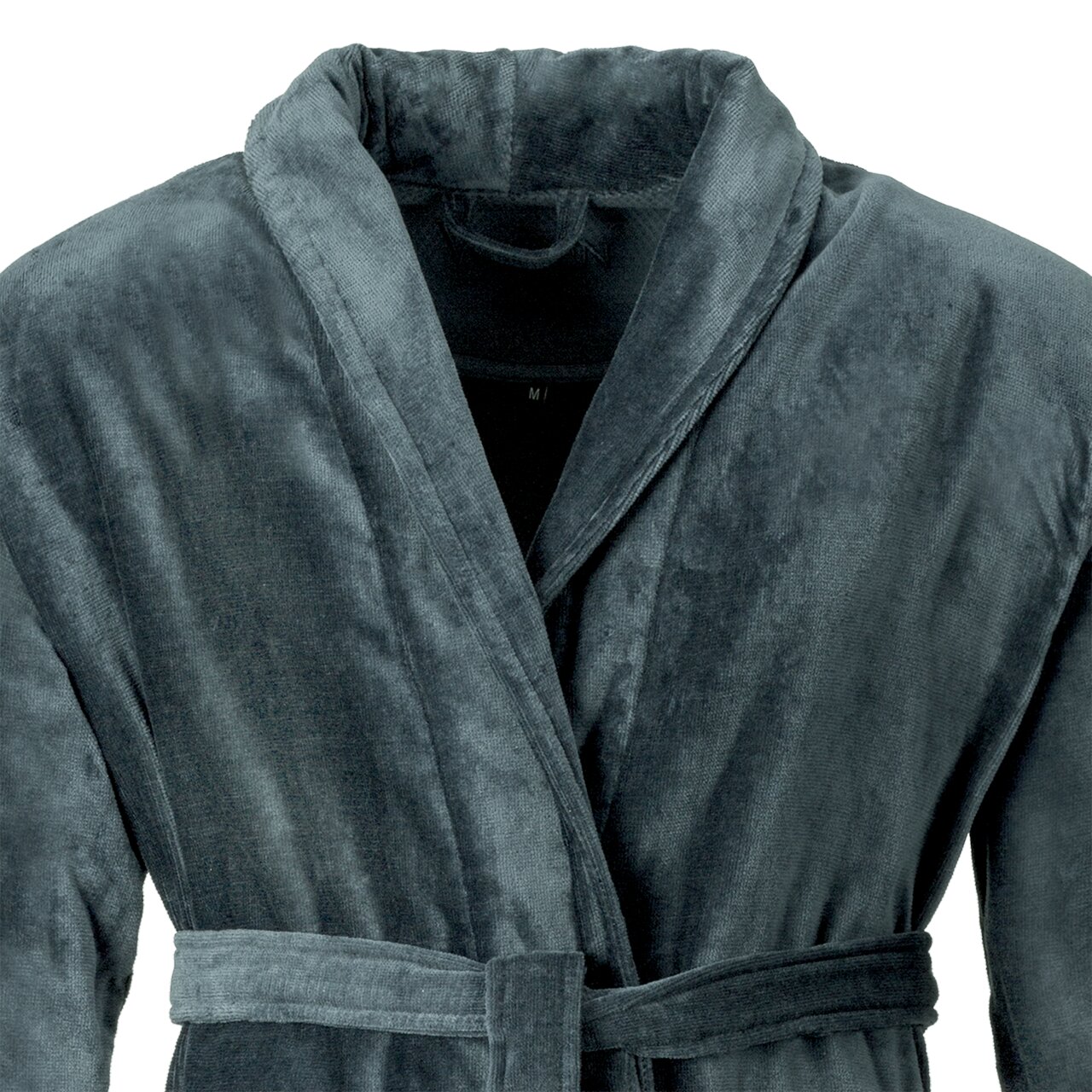 Grauer Bademantel in Vorderansicht mit Schalkragen und Gürtel, Größe L/XL