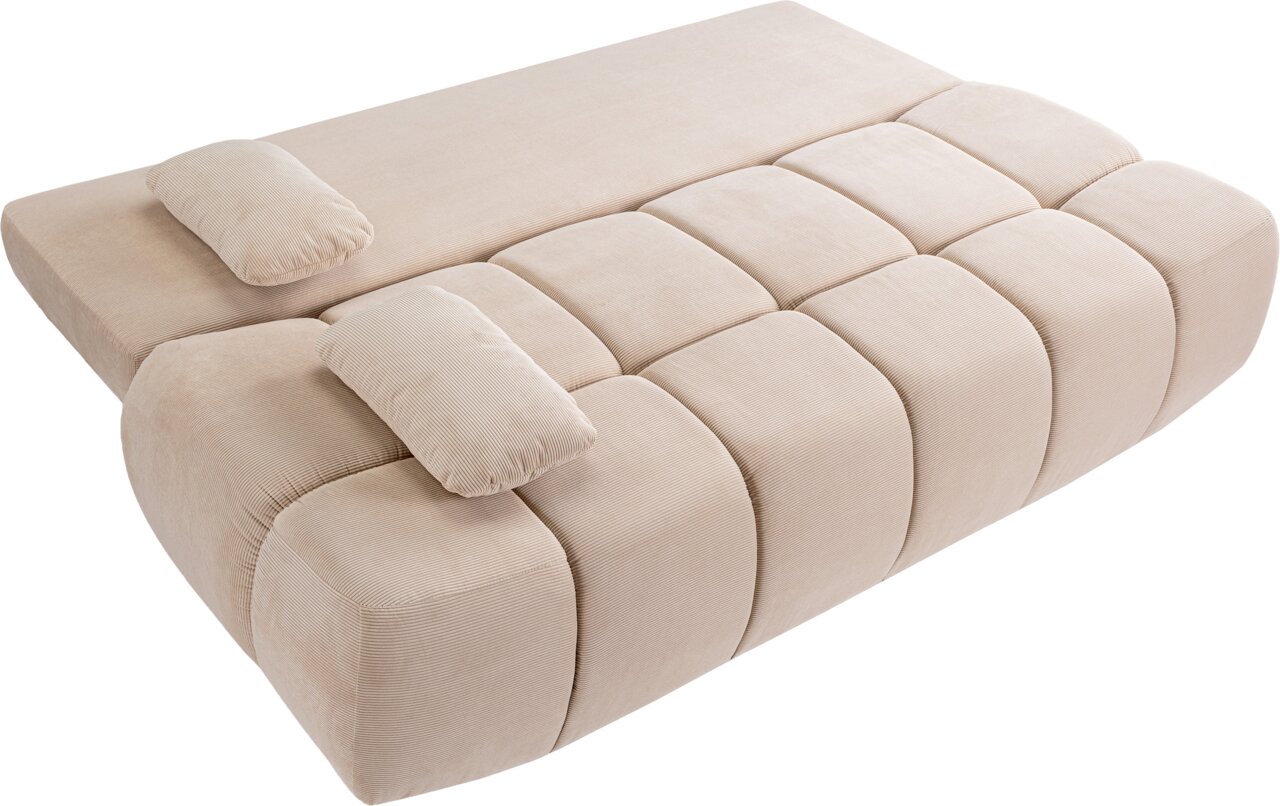 Beiges Schlafsofa, 2-Sitzer, in Liegeposition von oben fotografiert, mit zwei Kissen.