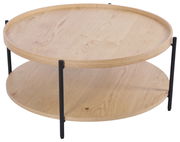 Runder Couchtisch aus hellem Holz mit zwei Ebenen und schwarzen Metallbeinen, seitliche Perspektive