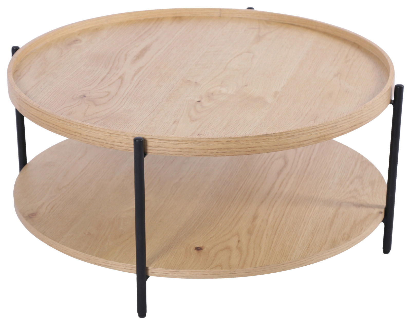 Runder Couchtisch aus hellem Holz mit zwei Ebenen und schwarzen Metallbeinen, seitliche Perspektive