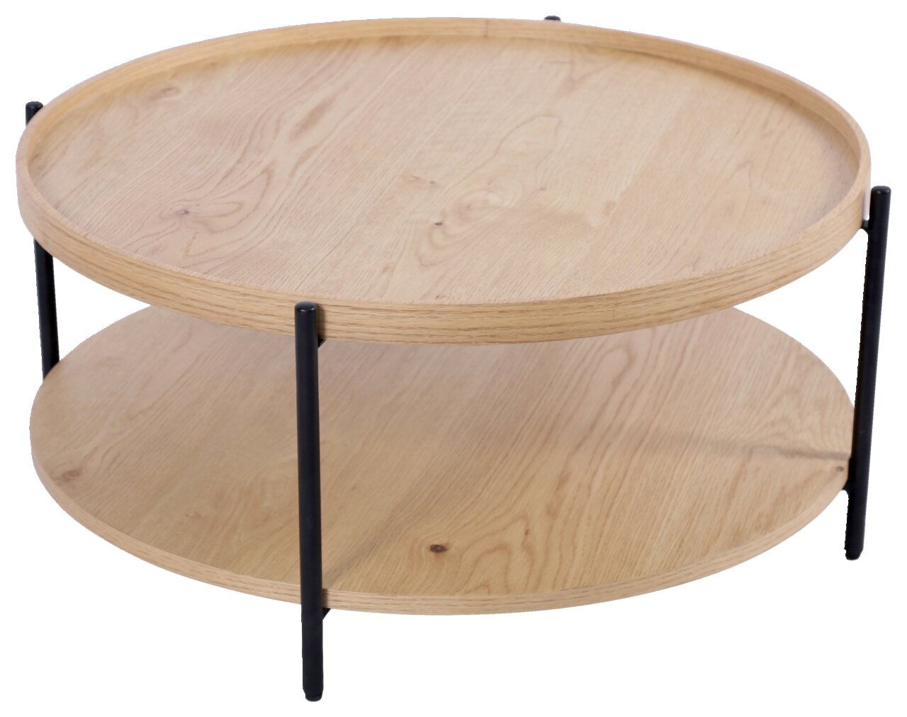 Runder Couchtisch aus hellem Holz mit zwei Ebenen und schwarzen Metallbeinen, seitliche Perspektive