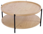 Runder Couchtisch aus hellem Holz mit zwei Ebenen und schwarzen Metallbeinen, seitliche Perspektive