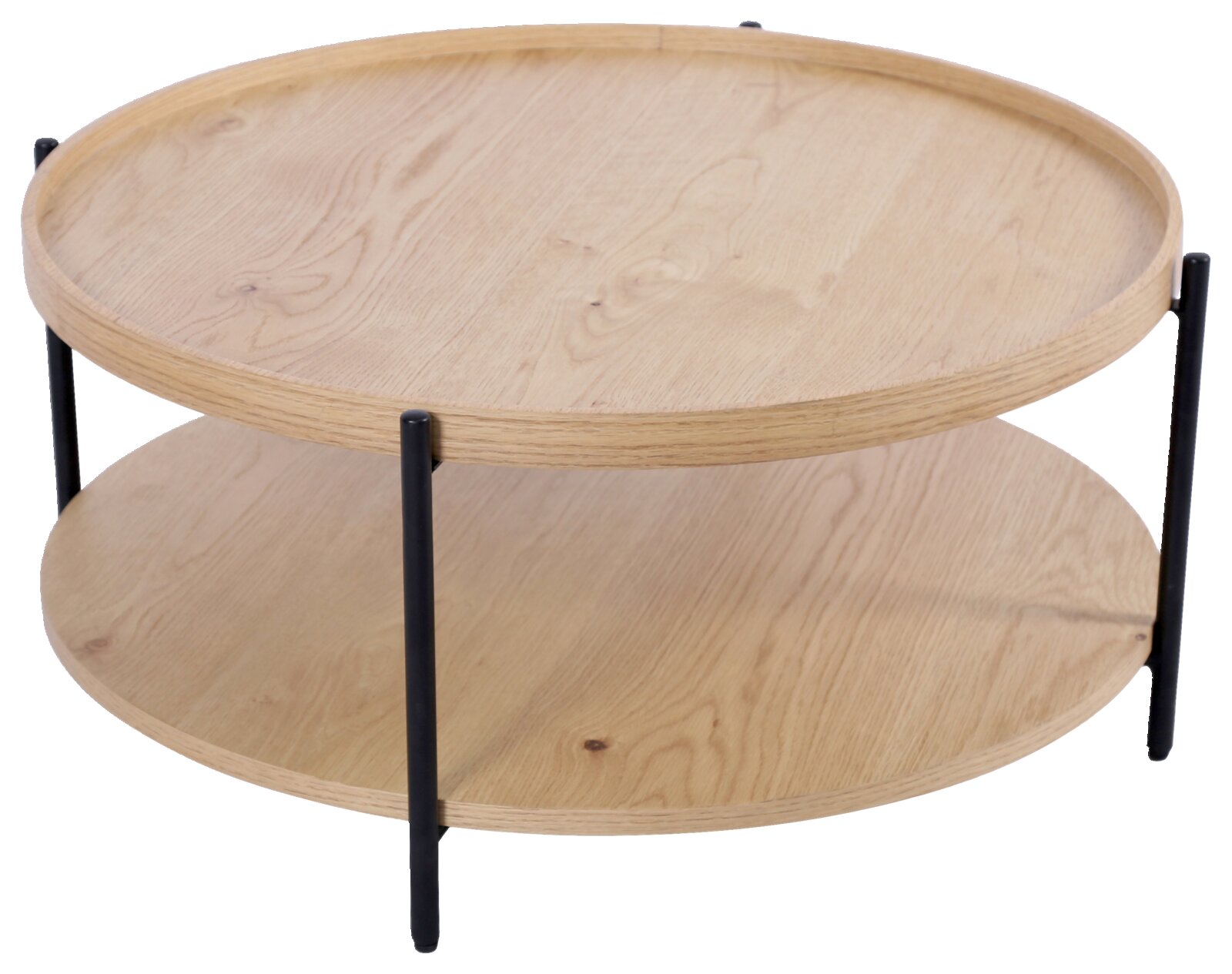 Ronde salontafel van licht hout met twee niveaus en zwarte metalen poten, zijaanzicht