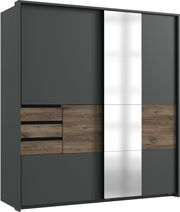 Moderner Kleiderschrank mit dunklen Türen, Holzdetails und einem großen Spiegel in der Mitte, Frontalansicht.