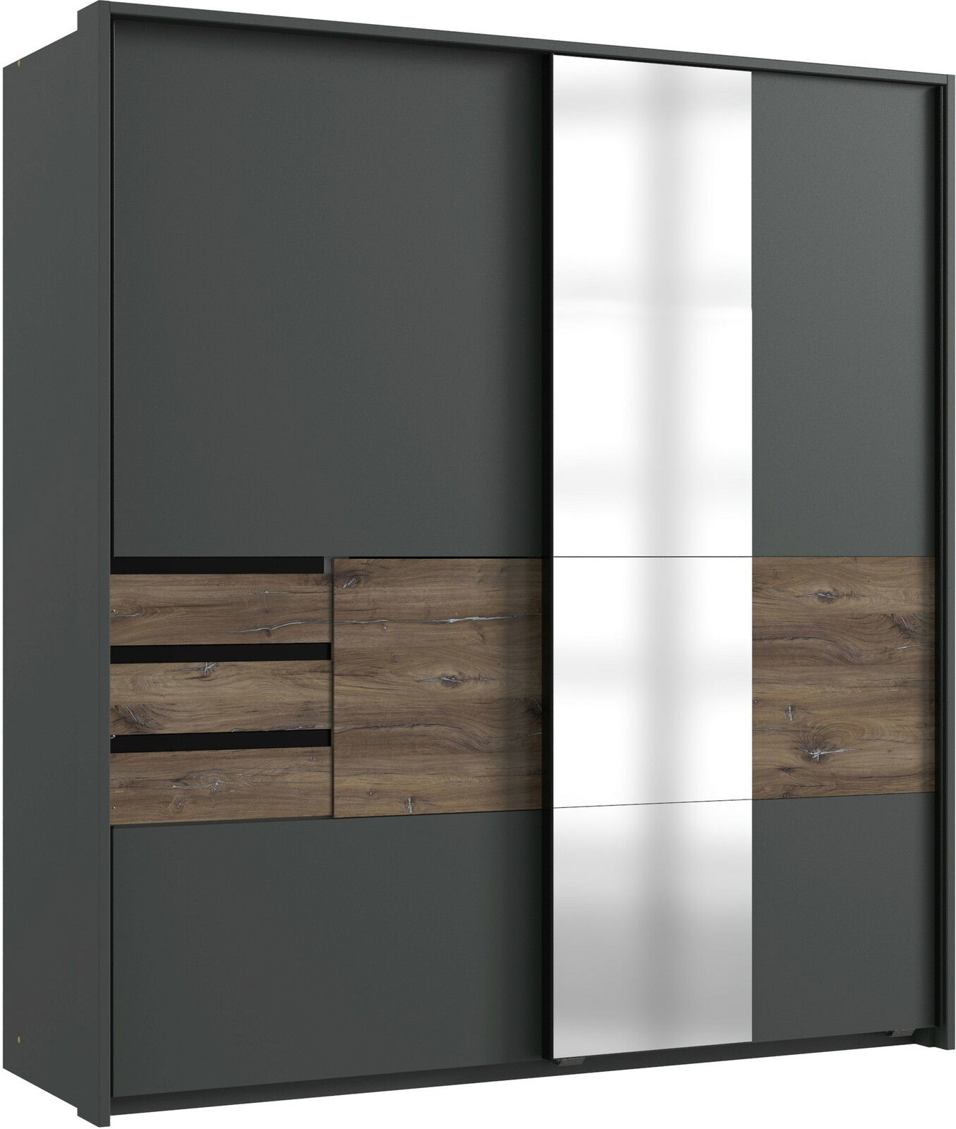 Moderner Kleiderschrank mit dunklen Türen, Holzdetails und einem großen Spiegel in der Mitte, Frontalansicht.