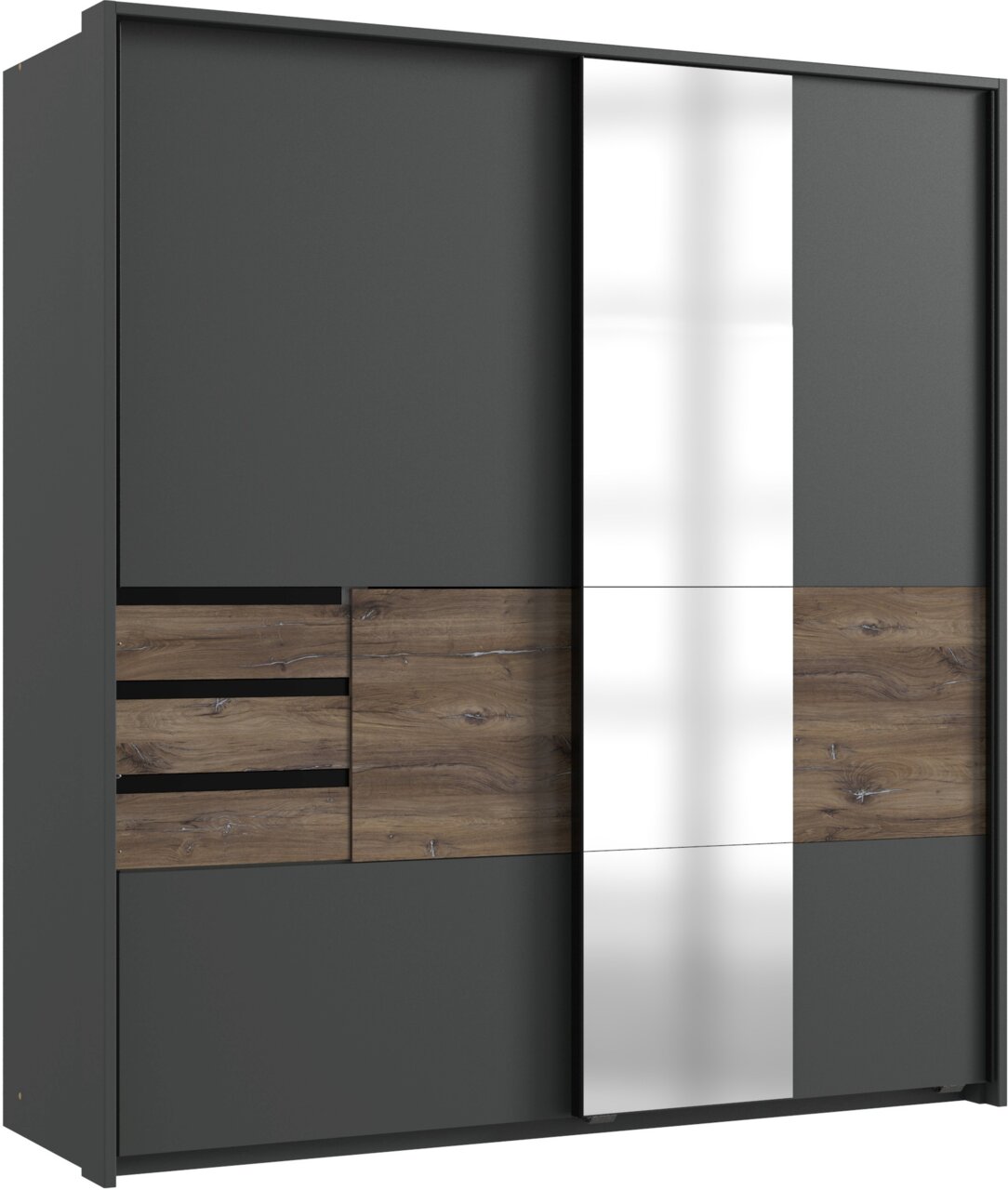Moderner Kleiderschrank mit dunklen Türen, Holzdetails und einem großen Spiegel in der Mitte, Frontalansicht.