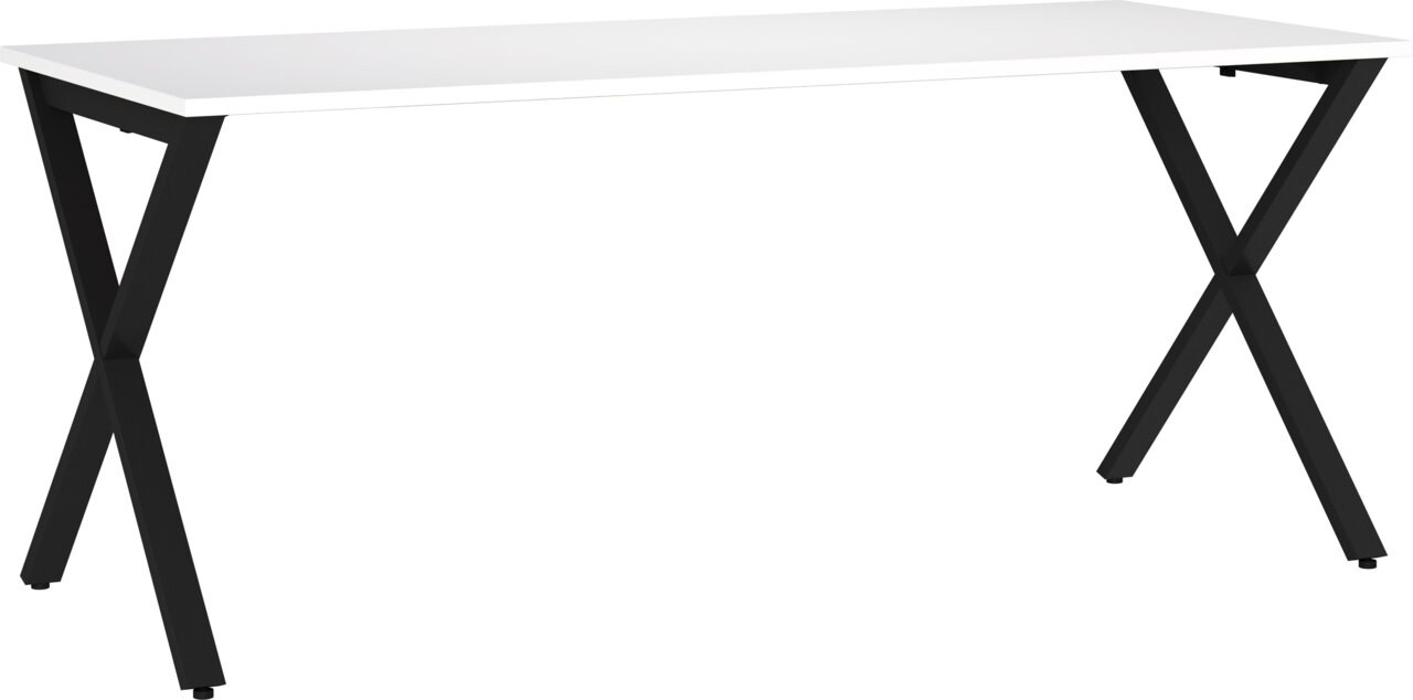 Witte rechthoekige tafel met een zwart X-vormig metalen onderstel, vrijstaand tegen een witte achtergrond, zijaanzicht in licht schuin perspectief
