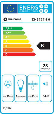 Energieeffizienzlabel für ein Küchengerät mit der Klasse B, einem Energieverbrauch von 28 kWh pro Jahr und einer Lautstärke von 64 dB. Frontalansicht.