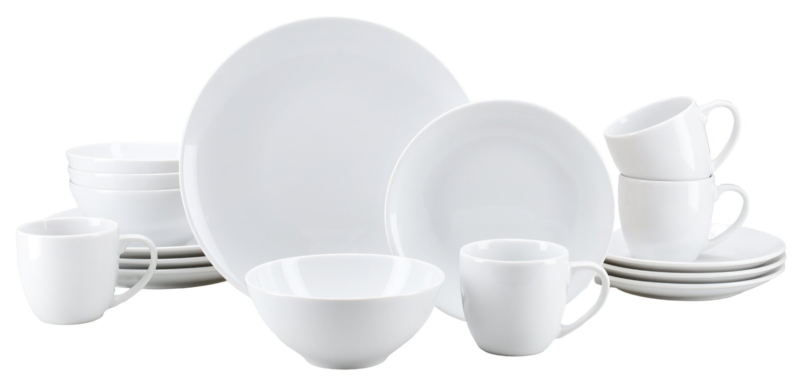 creaTable Kombiservice 16-tlg BISTROT Weißes Porzellan-Geschirrset mit Tellern, Schalen und Tassen, frontal in leichter Schrägansicht vor weißem Hintergrund arrangiert