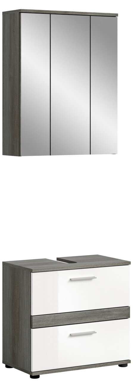 Badezimmerschrank-Kombination mit Spiegelschrank und Unterschrank in Holzoptik, Frontalansicht
