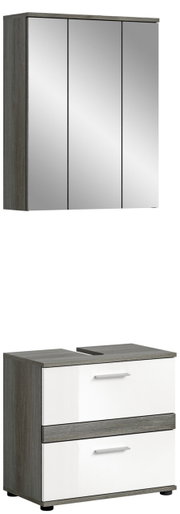 Badezimmerschrank-Kombination mit Spiegelschrank und Unterschrank in Holzoptik, Frontalansicht