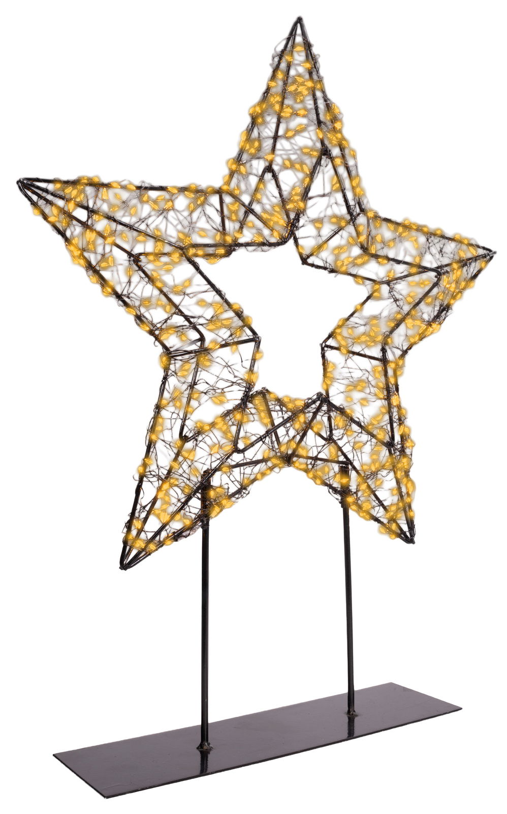 Sternförmige LED-Dekoration auf einem Fuß, mit gelben Lichtern, seitliche Perspektive