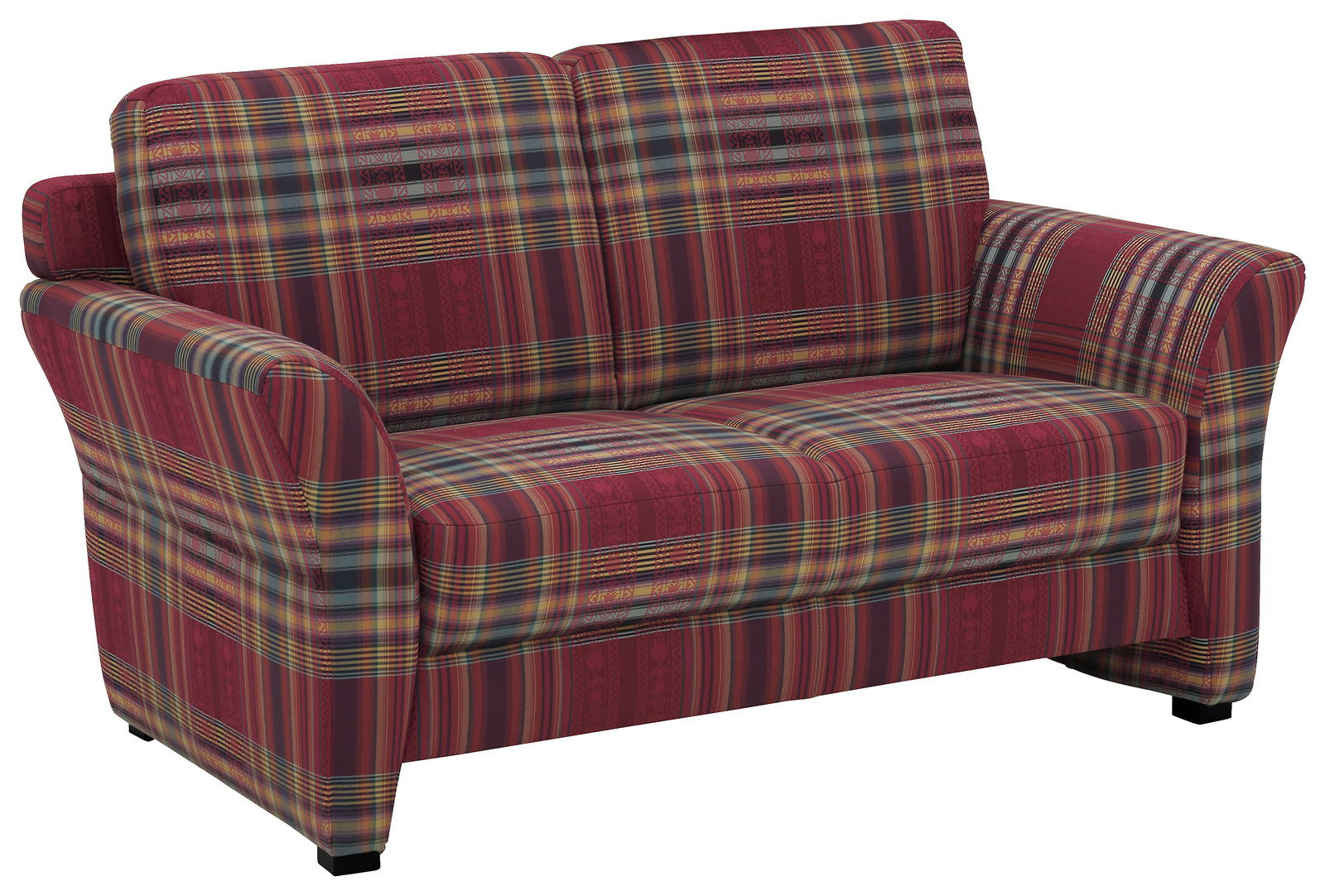 Zweisitzer-Sofa mit rot-kariertem Stoffbezug, seitliche Perspektive