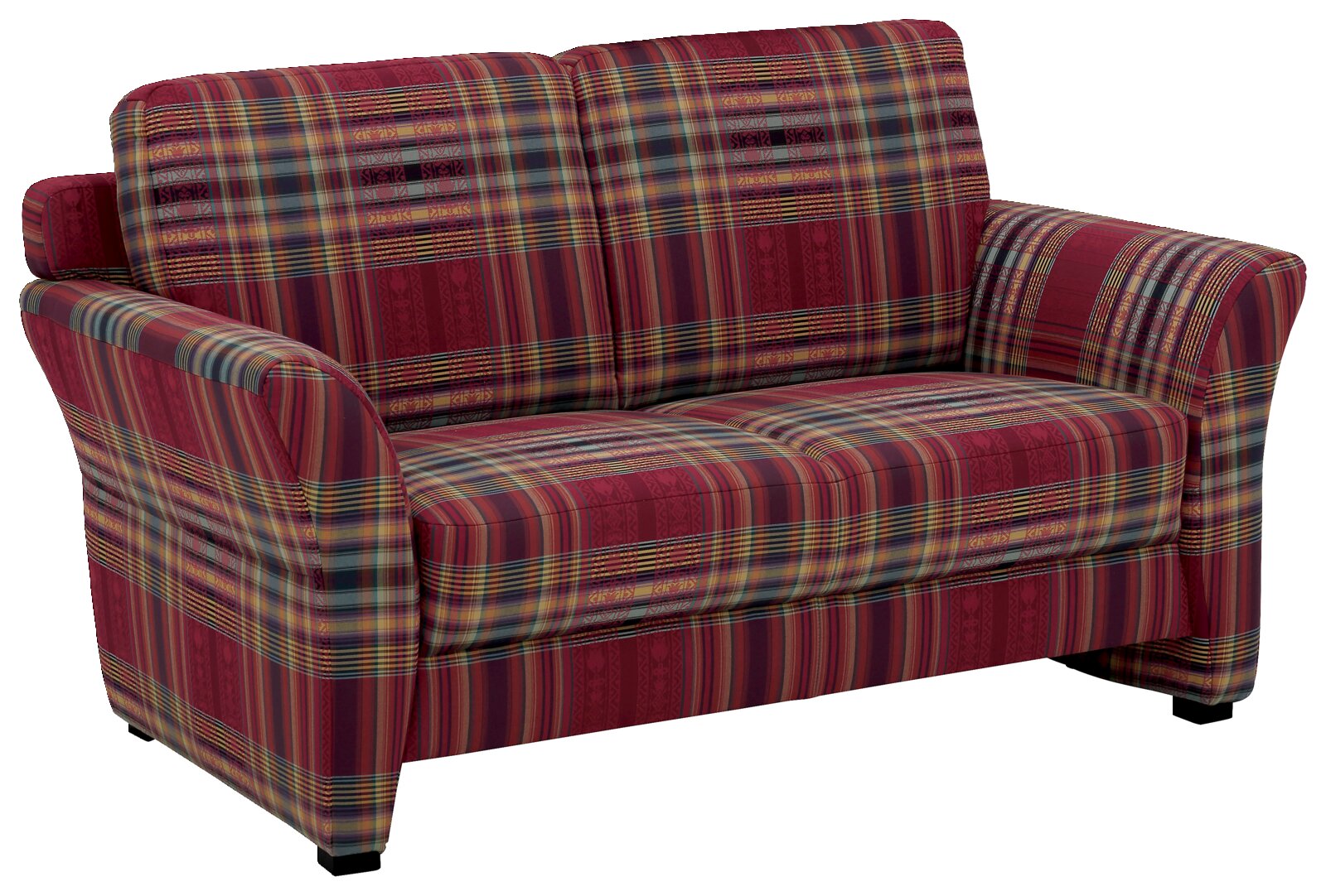 Zweisitzer-Sofa mit rot-kariertem Stoffbezug, seitliche Perspektive