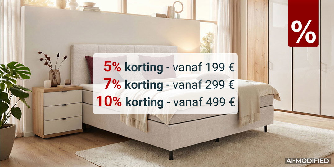 Moderne slaapkamer met online kortingsactie: tot 10% korting vanaf € 199 met de code BESTDEAL.
