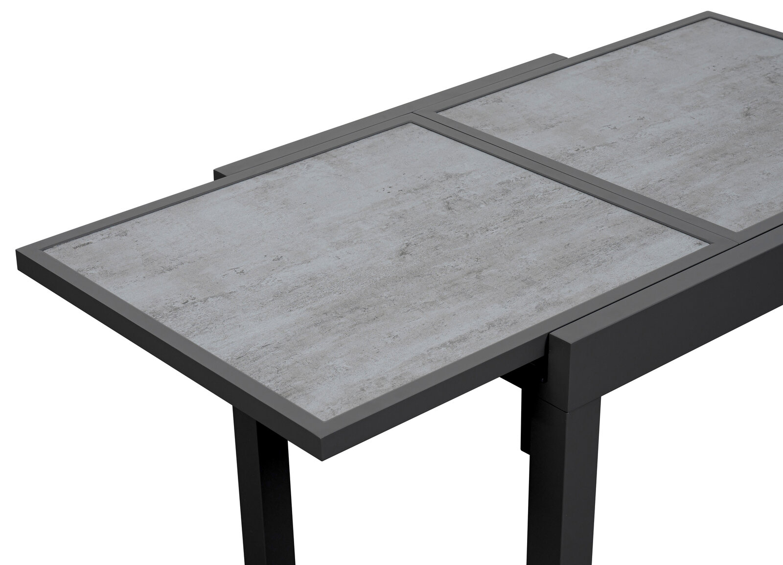 Moderner Gartentisch mit grauer Steinoptik-Oberfläche, perspektivisch von oben gezeigt.