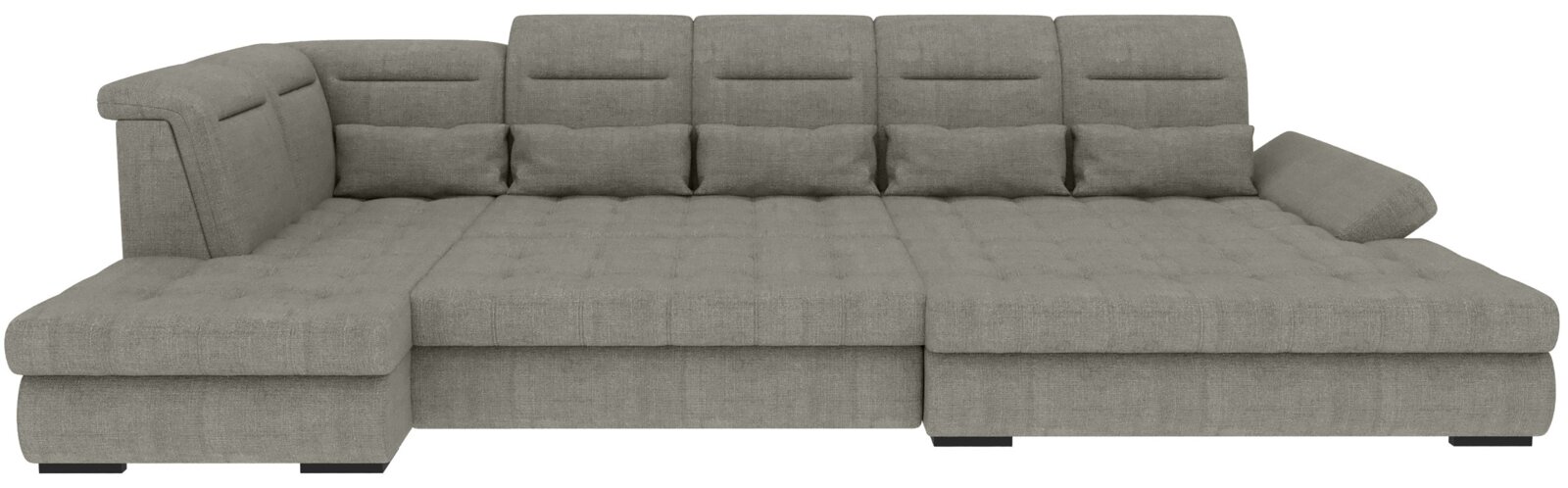 Großes graues Stoff-Ecksofa mit breiter Sitzfläche und gepolsterten Rückenlehnen, Frontansicht leicht von oben, mit Recamiere links und langer Liegefläche rechts