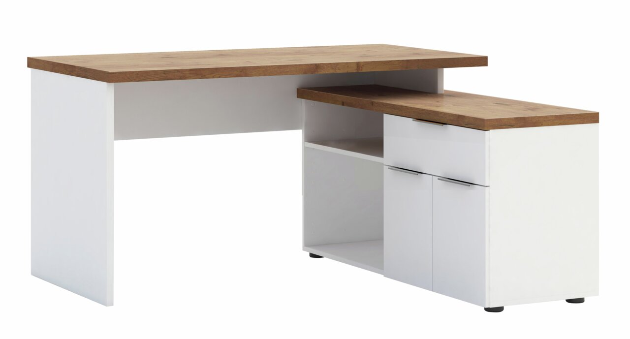 XORA Eckschreibtisch IDEA-OFFICE Moderner Eckschreibtisch mit weißem Korpus und Holzoberfläche, seitliche Perspektive