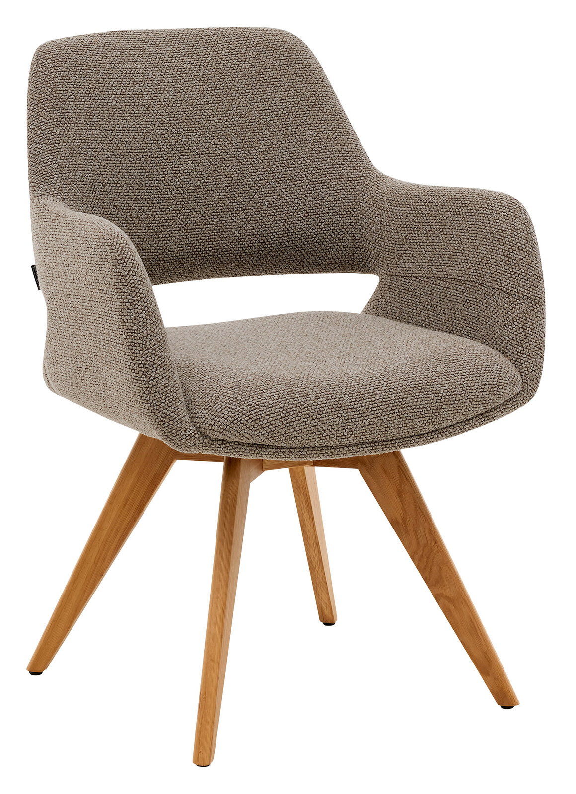 Moderner Armlehnstuhl mit grauem Stoffbezug und Holzbeinen, seitliche Perspektive