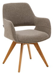 Moderner Armlehnstuhl mit grauem Stoffbezug und Holzbeinen, seitliche Perspektive