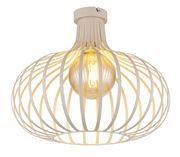 Moderne Deckenleuchte mit weißem, drahtförmigem Lampenschirm und sichtbarer Glühbirne, seitliche Perspektive