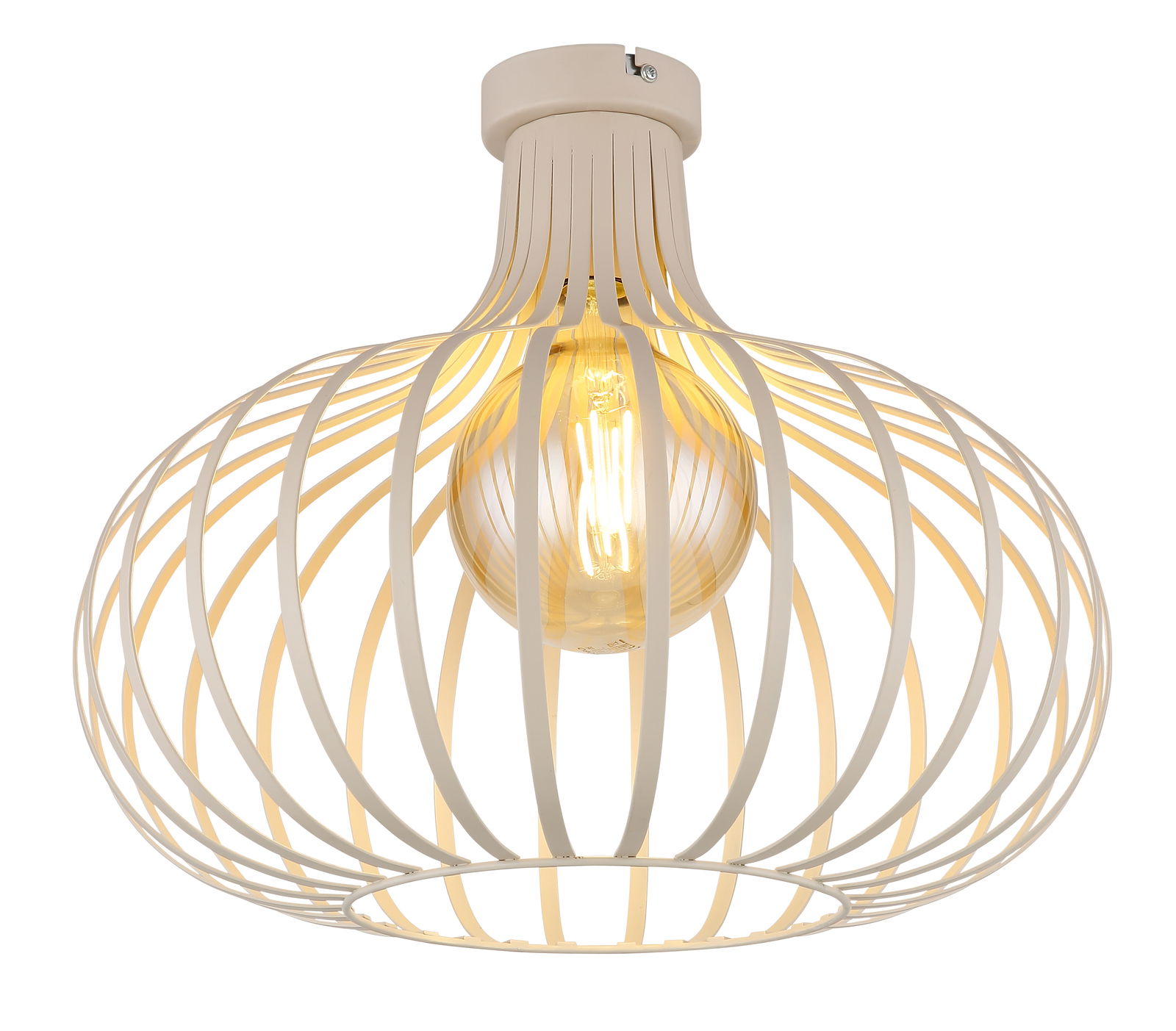 Moderne Deckenleuchte mit weißem, drahtförmigem Lampenschirm und sichtbarer Glühbirne, seitliche Perspektive