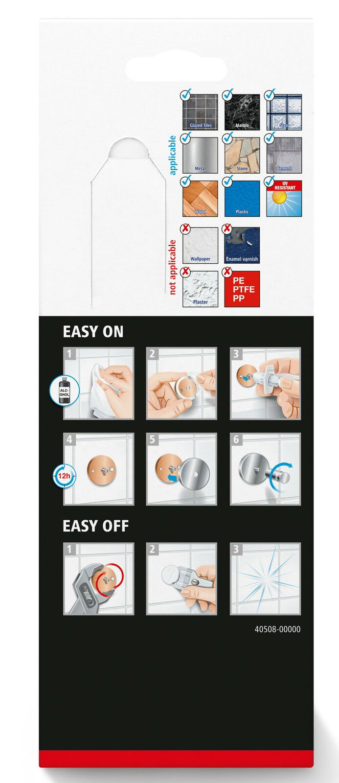 Verpackung der tesa ALUXX Black Seifenschale mit Anleitungen zur einfachen Montage und Demontage, geeignet für verschiedene Oberflächen wie Fliesen und Metall, perspektivisch von hinten gezeigt.