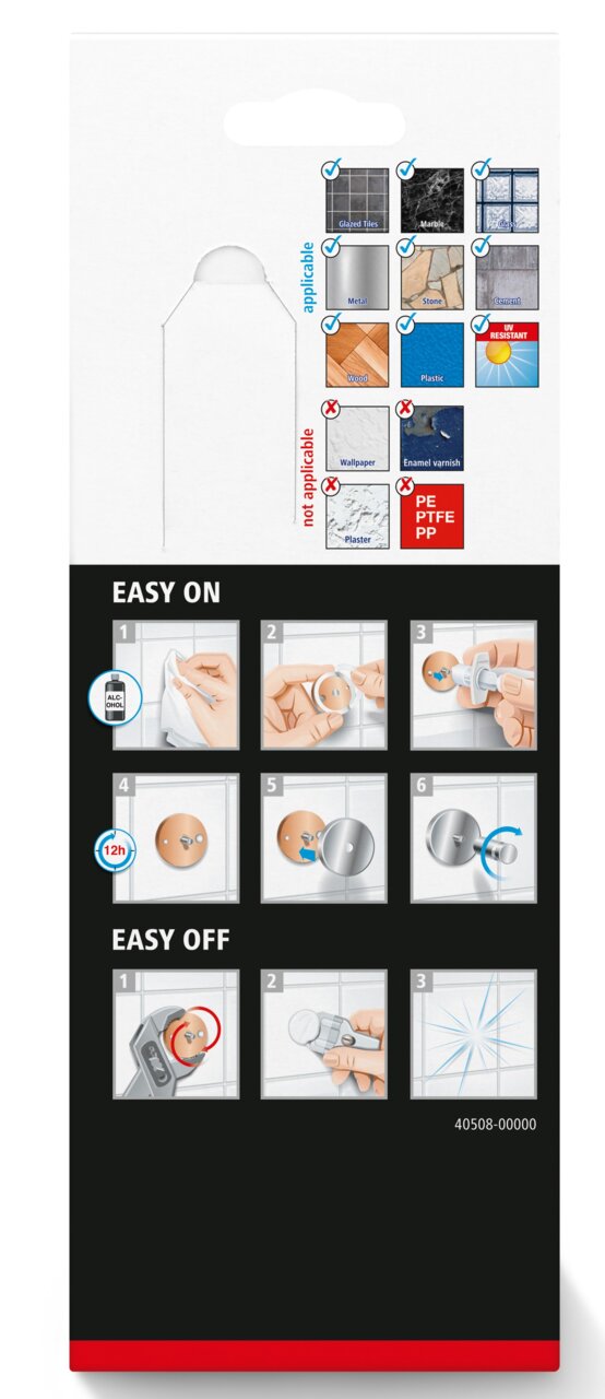 Verpackung der tesa ALUXX Black Seifenschale mit Anleitungen zur einfachen Montage und Demontage, geeignet für verschiedene Oberflächen wie Fliesen und Metall, perspektivisch von hinten gezeigt.