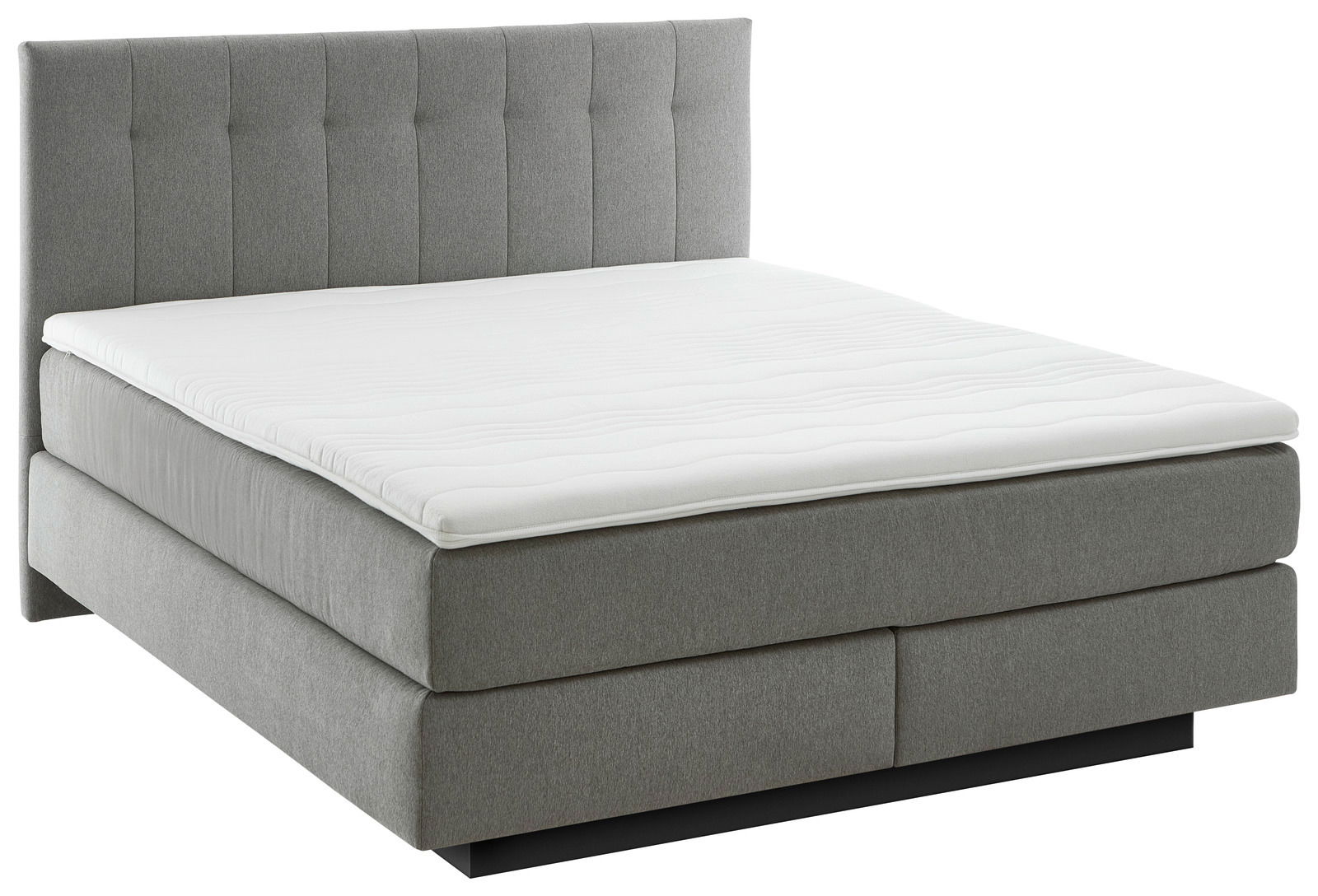 Graues Boxspringbett BX 180/200 mit gestepptem Kopfteil, seitliche Perspektive