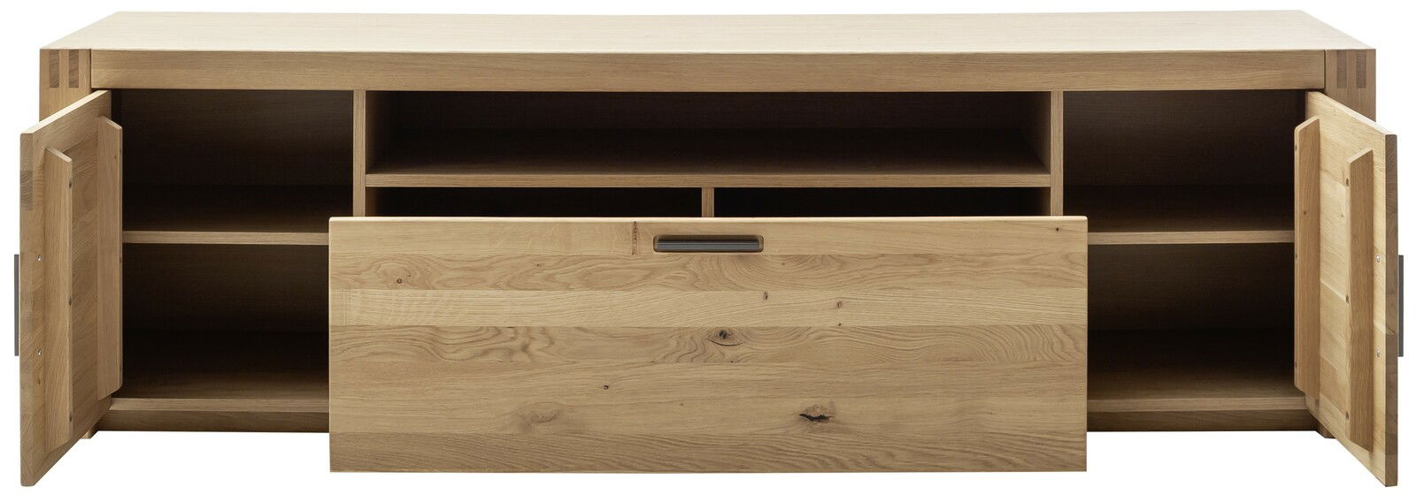 TV-Element aus Holz mit geöffneter Frontansicht, zwei Türen und einem Schubfach, ideal zur Aufbewahrung von Mediengeräten.
