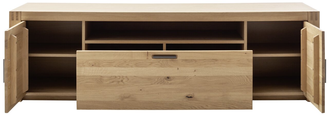 TV-Element aus Holz mit geöffneter Frontansicht, zwei Türen und einem Schubfach, ideal zur Aufbewahrung von Mediengeräten.