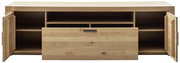 TV-Element aus Holz mit geöffneter Frontansicht, zwei Türen und einem Schubfach, ideal zur Aufbewahrung von Mediengeräten.