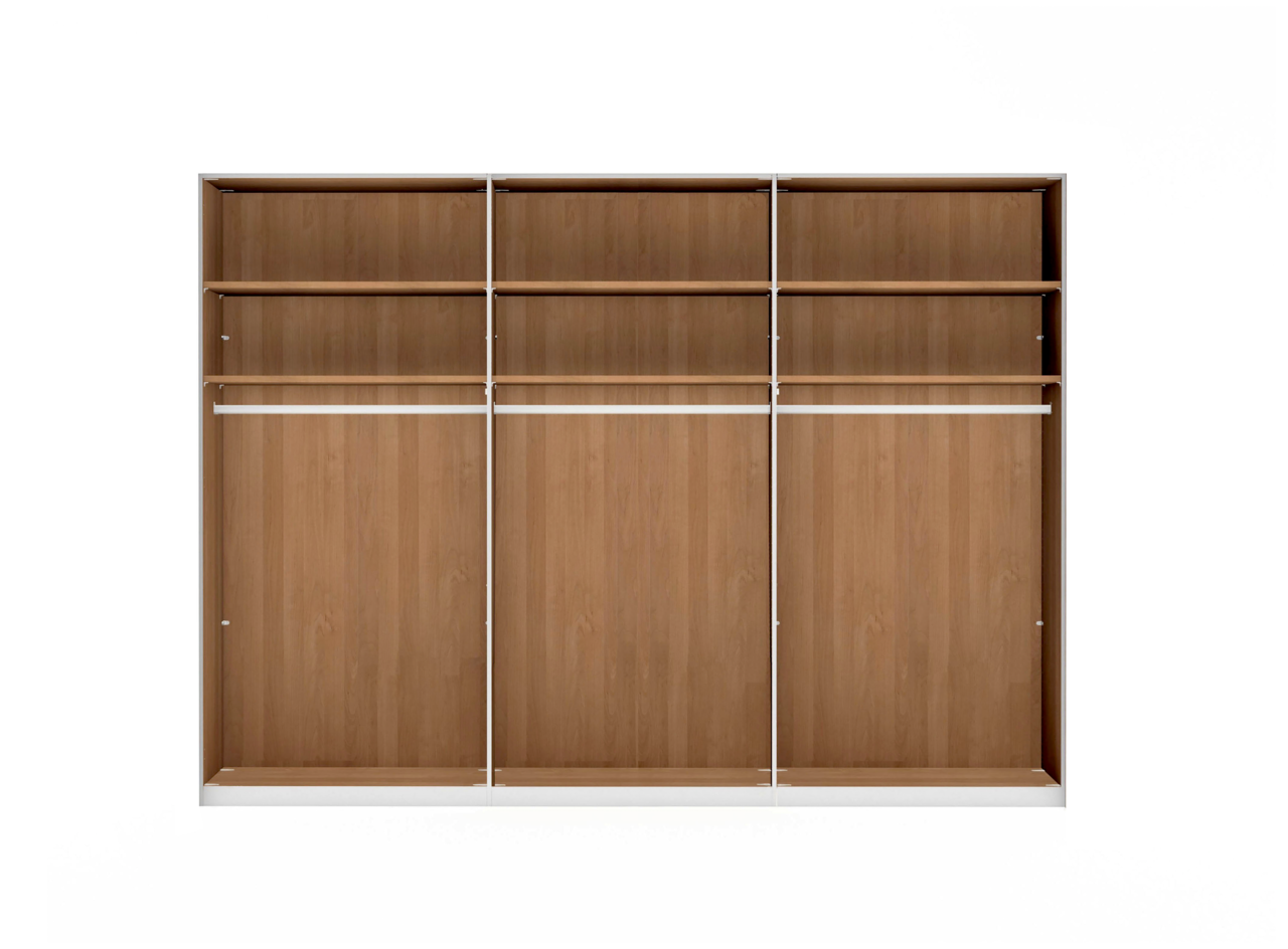 Frontale Ansicht eines sechstürigen Drehtürenschranks mit Holzoptik, offenen Fächern und Kleiderstangen.