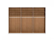 Frontale Ansicht eines sechstürigen Drehtürenschranks mit Holzoptik, offenen Fächern und Kleiderstangen.