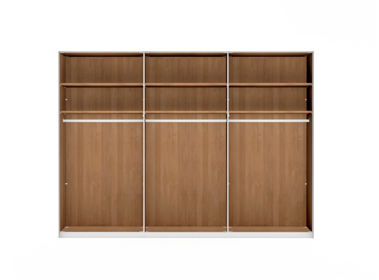 Frontale Ansicht eines sechstürigen Drehtürenschranks mit Holzoptik, offenen Fächern und Kleiderstangen.