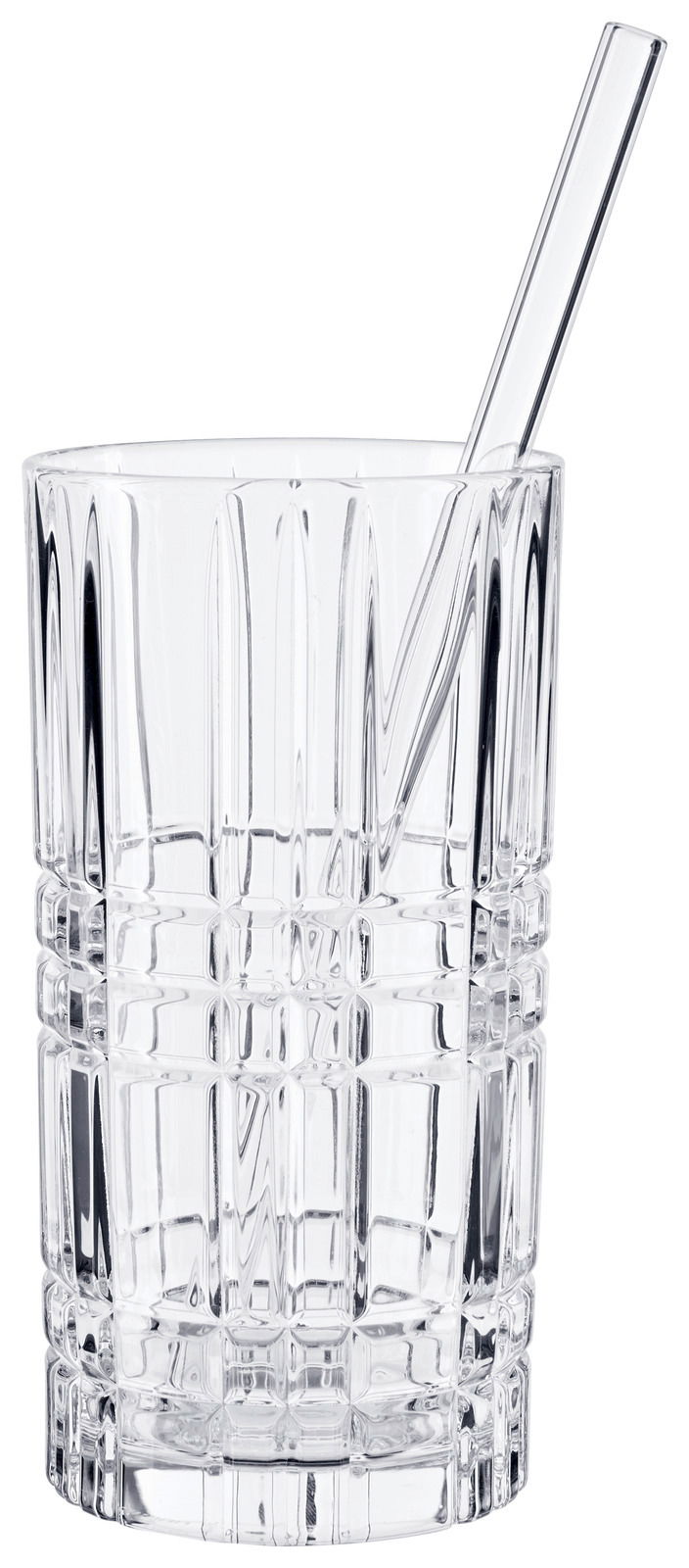 Klares Longdrinkglas mit Strohhalm, frontale Ansicht