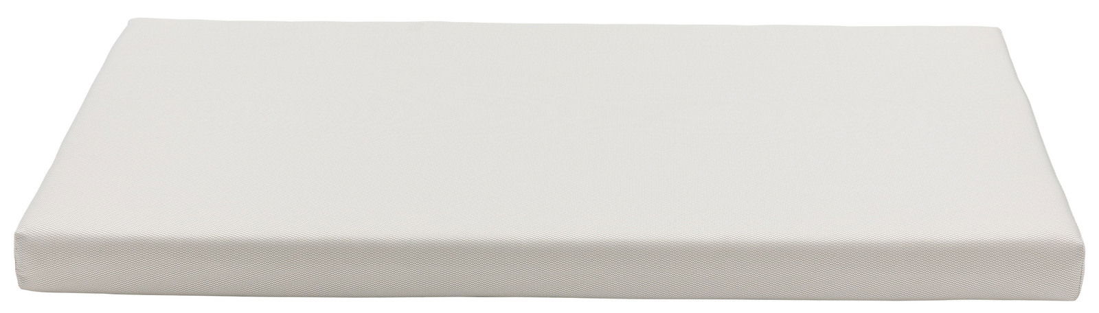 Weiße Gartenlounge-Sitzauflage in Nahaufnahme, von oben betrachtet.