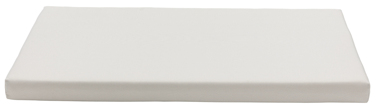 Weiße Gartenlounge-Sitzauflage in Nahaufnahme, von oben betrachtet.