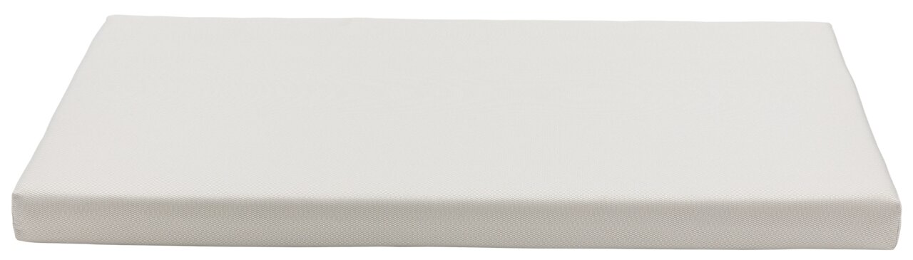 Weiße Gartenlounge-Sitzauflage in Nahaufnahme, von oben betrachtet.