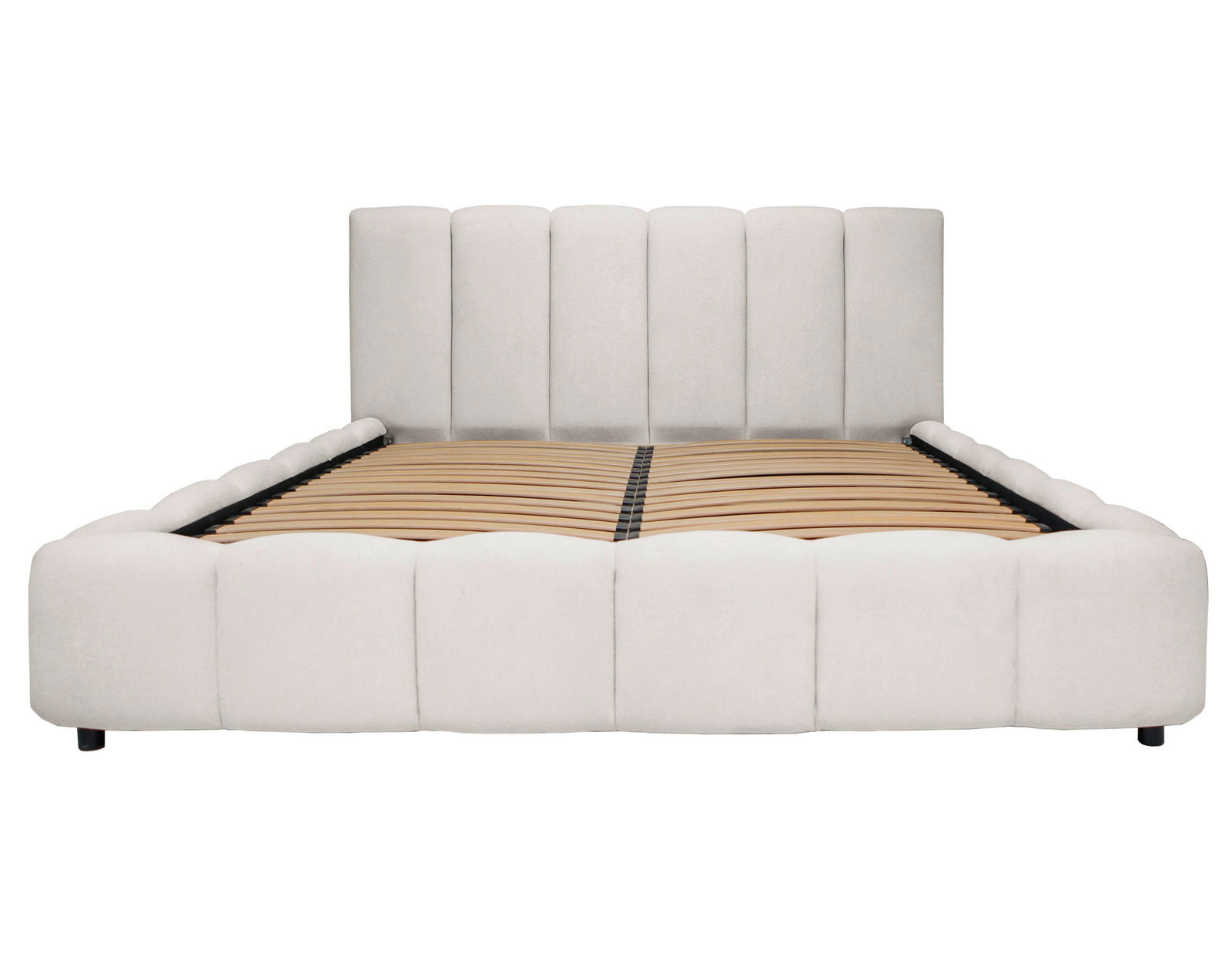 Frontale Ansicht eines weißen Polsterbettgestells mit hohem Kopfteil und Lattenrost.