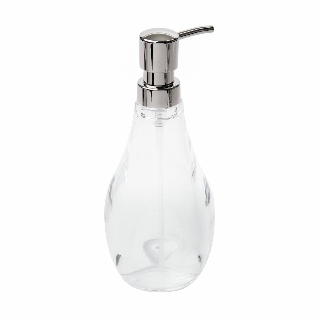 Transparenter Seifenspender mit silbernem Pumpkopf, seitliche Perspektive