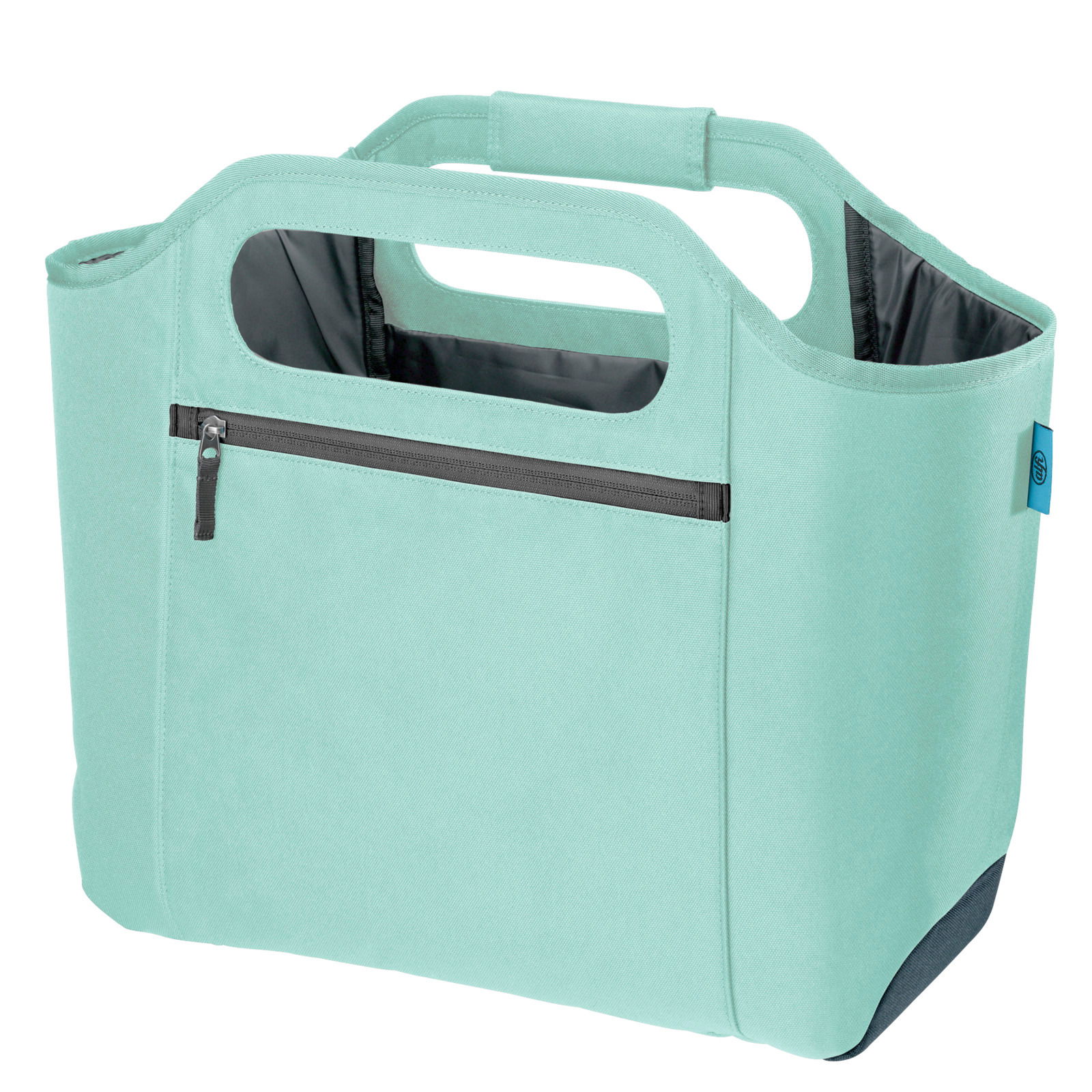 Iso Bag in mintgrün mit Reißverschlusstasche, seitliche Perspektive