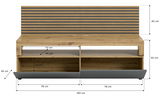Frontale Ansicht eines Lowboards mit Paneel, Holzoptik, Maße: 160 cm Breite, 50 cm Höhe, 45 cm Tiefe, mit offenen Fächern und Schubladen.