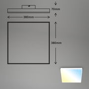 LED-Deckenleuchte, quadratisch, 380mm x 380mm, Seitenansicht und Draufsicht, mit Farbverlauf von Blau zu Gelb und Sternenmuster.